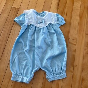 Vintage Baby Romper Blue Collar Polkadot Lace Bow Prenatal Size 9m